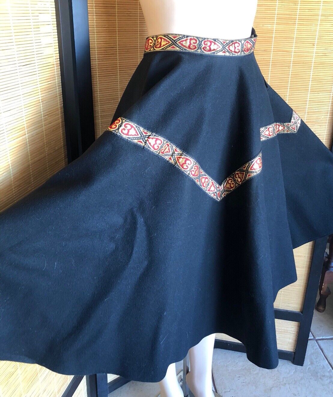 Vintage 1950s Black Felt Full Circle Skirt Red Gold Ribbon Trim XS Western - Fresh Stock Dated March 2026
