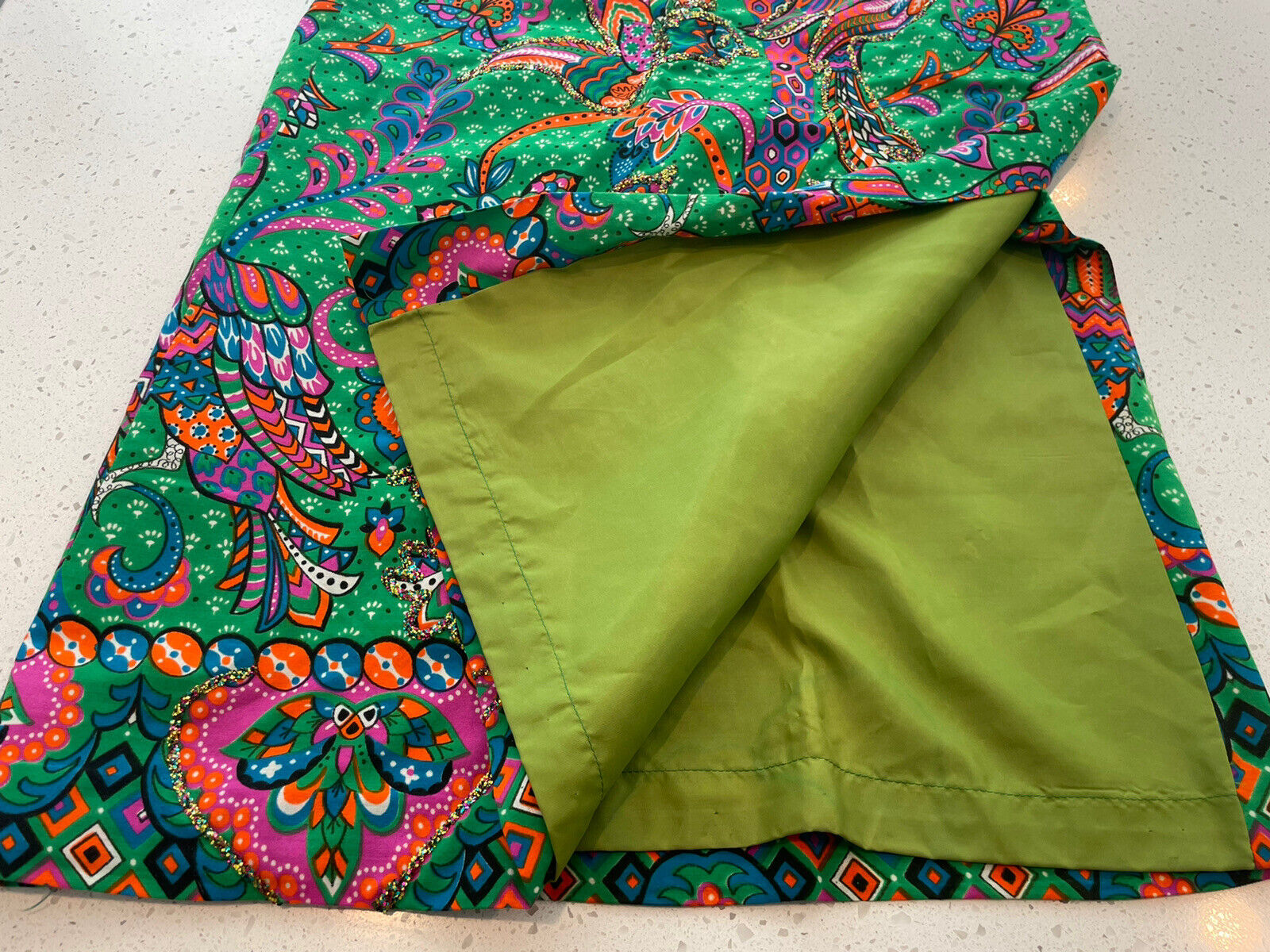 MALBE Vintage Skirt Green Sequin Bird Embroidered MOD Psychedelic Hippy S/M - Fresh Stock Dated March 2026