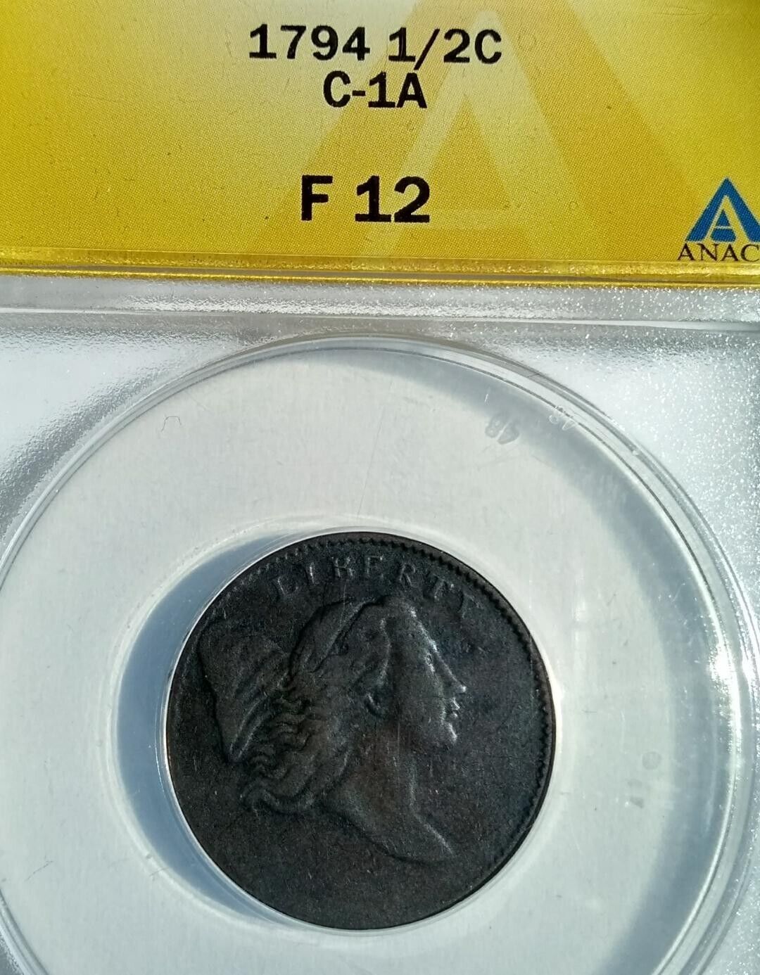 1794 half cent 1/2c  Liberty Cap C-1A - Lg Edge Letters BN - ANACS F 12 - Fresh Stock Dated February 2026