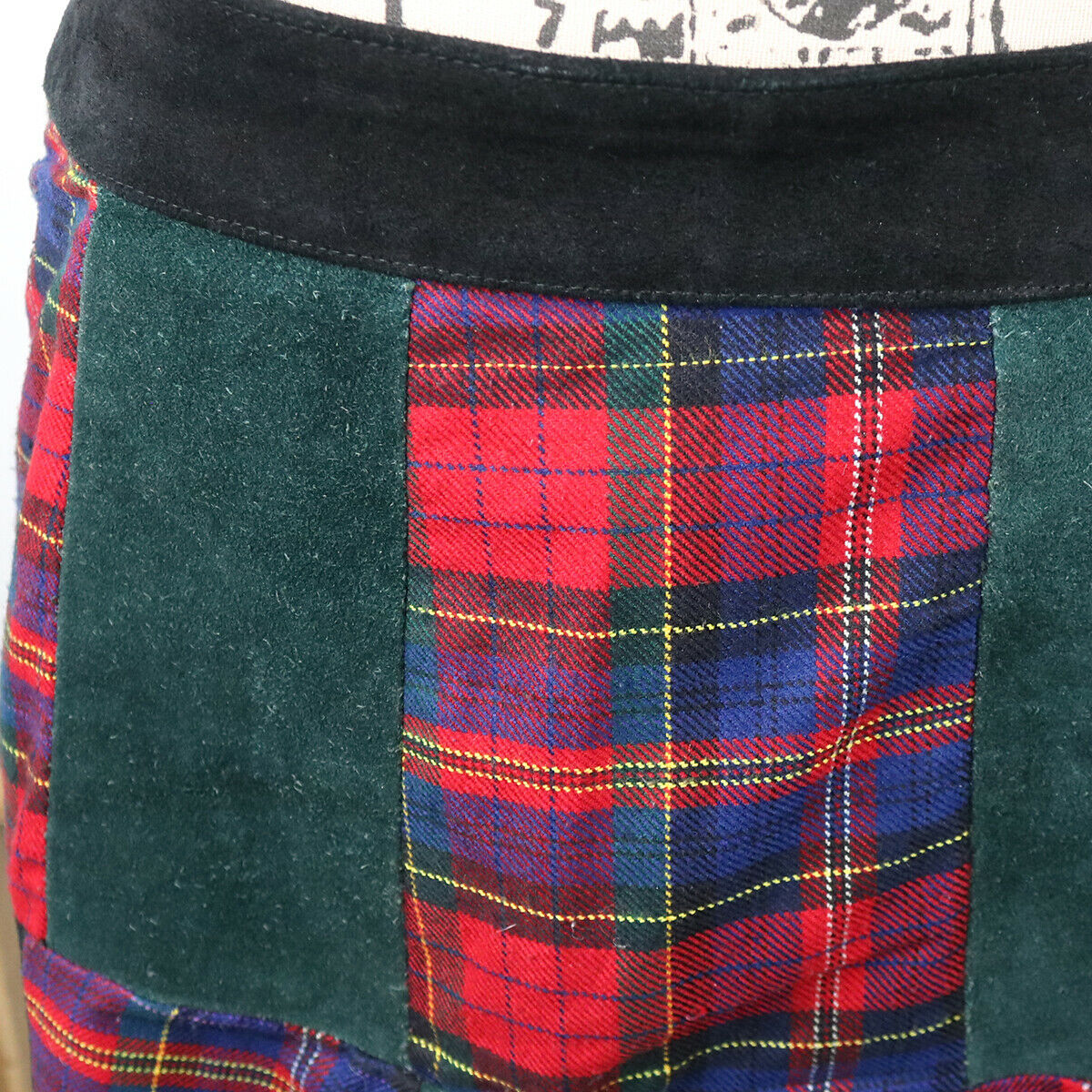 Mona Mode Vintage Women Tartan Plaid Suede Leather Patchwork Mini Skirt, Size M - Fresh Stock Dated February 2026