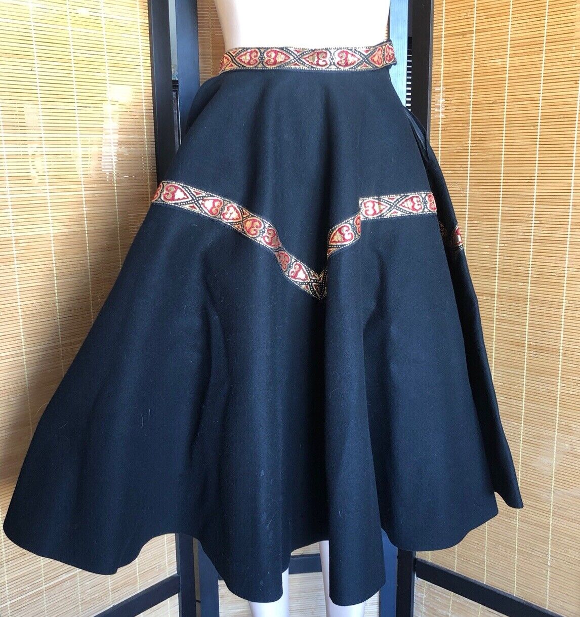 Vintage 1950s Black Felt Full Circle Skirt Red Gold Ribbon Trim XS Western - Fresh Stock Dated March 2026