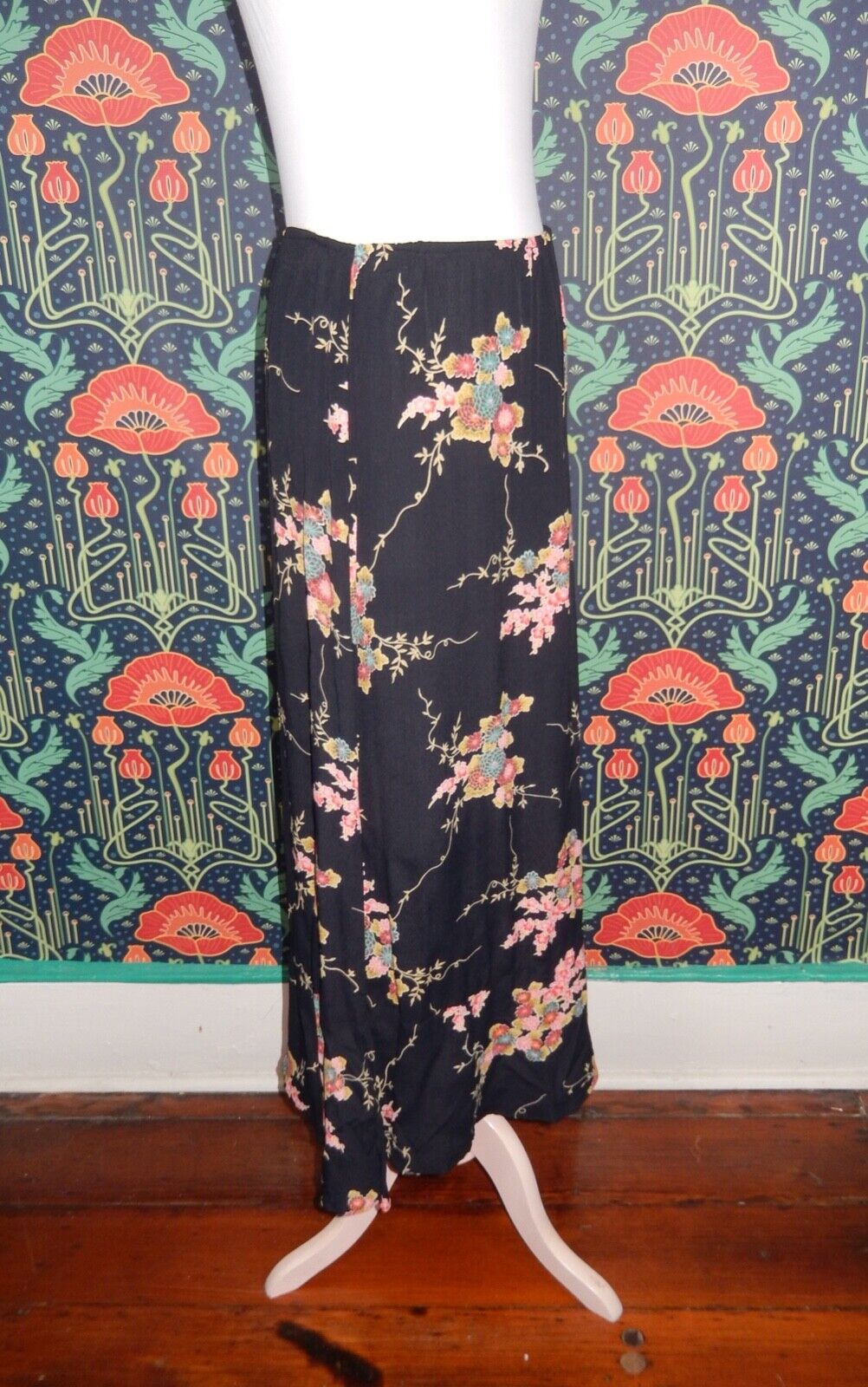 Vintage 90's Y2K Zoe Chinoiserie Print Rayon Long Grunge Slip Skirt S - Fresh Stock Dated March 2026