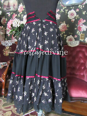 Gothic Black Wine Floral Vtg Gunne Sax Gunnies 1970s Rayon Tiered Prairie Skirt - Fresh Stock Dated February 2026