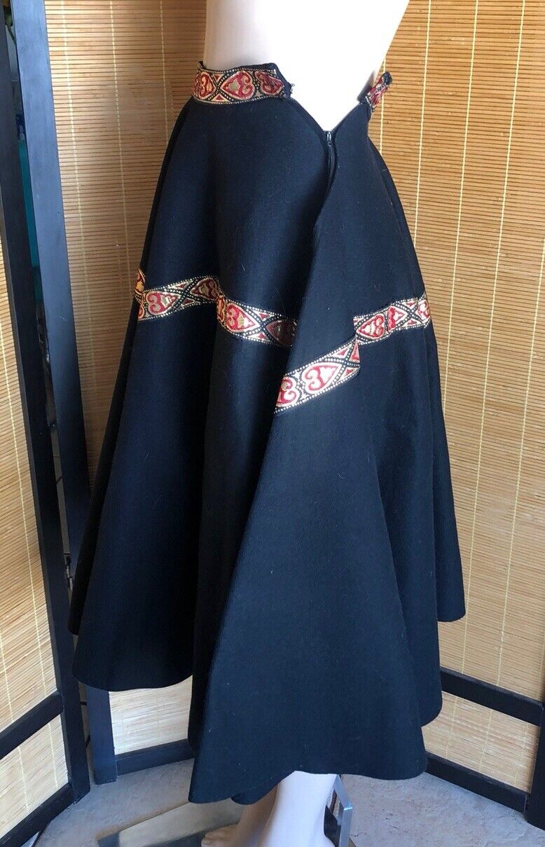 Vintage 1950s Black Felt Full Circle Skirt Red Gold Ribbon Trim XS Western - Fresh Stock Dated March 2026