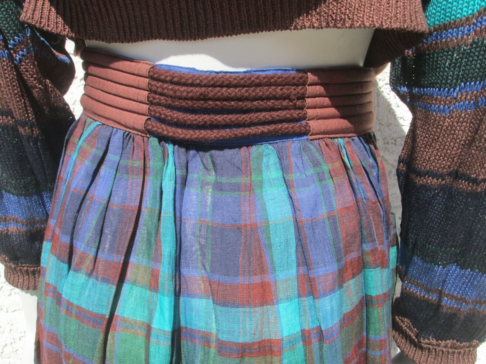 VTG 1980 Escada Skirt Set Boho Linen Brown And Blue Size 4 Made In West Germany - Fresh Stock Dated March 2026