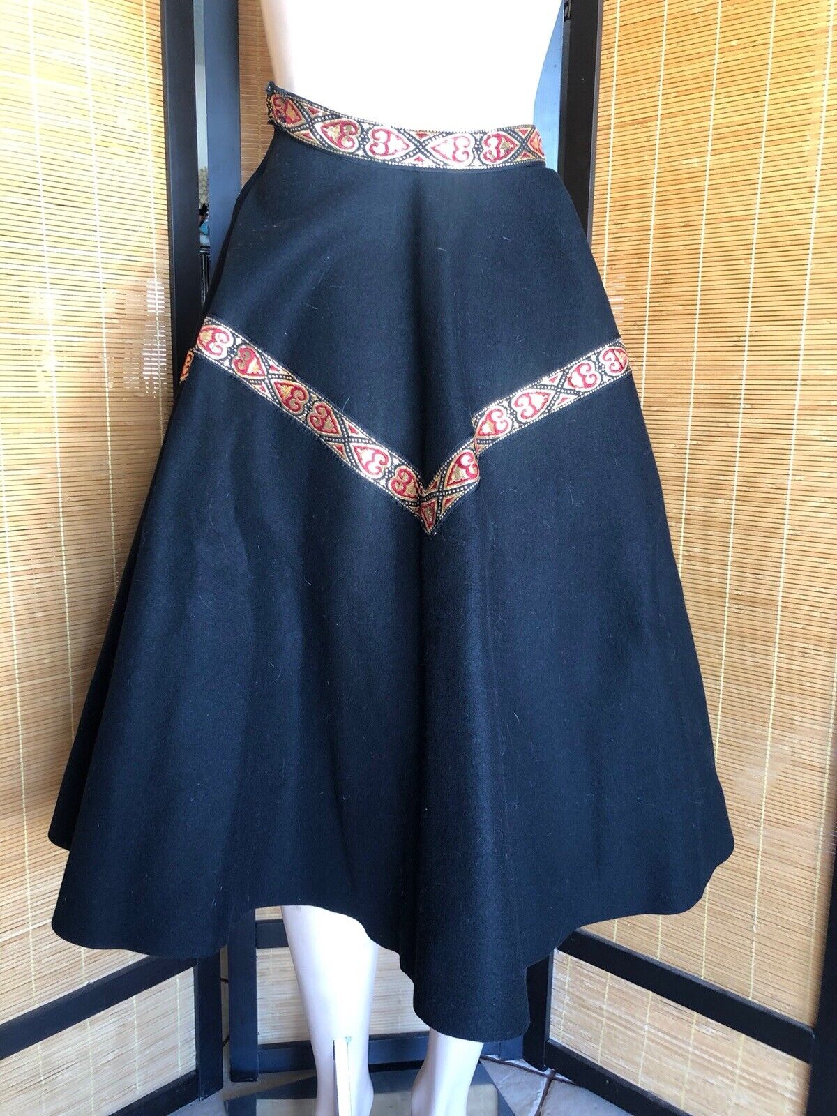 Vintage 1950s Black Felt Full Circle Skirt Red Gold Ribbon Trim XS Western - Fresh Stock Dated March 2026