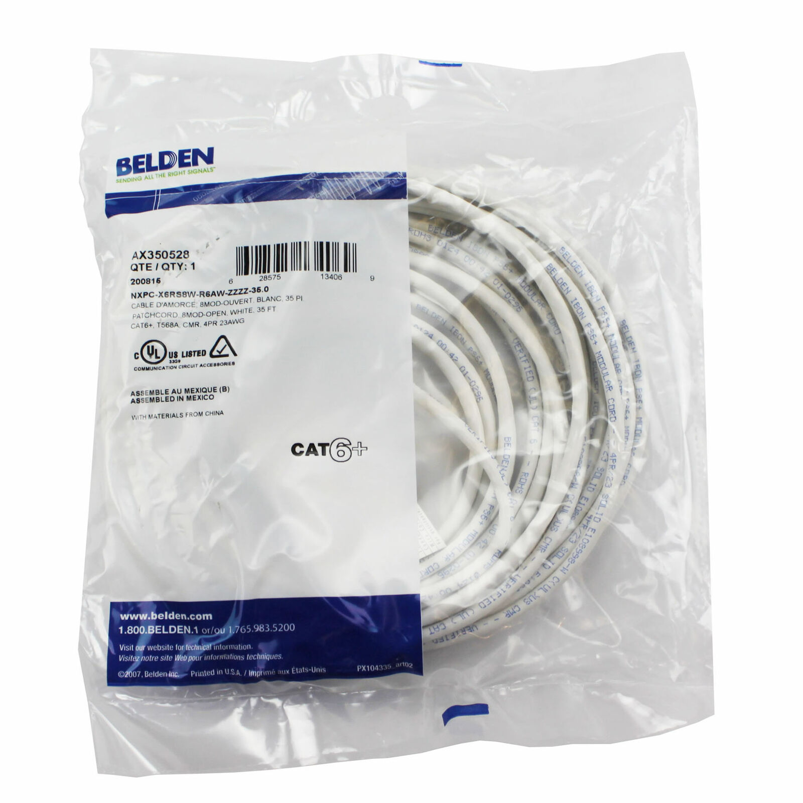 BELDEN AX350528 35' WHITE 4 PAIR 23AWG CAT6 PATCH CORD CABLE - WHITE OPEN END - Fresh Stock Dated December 2025