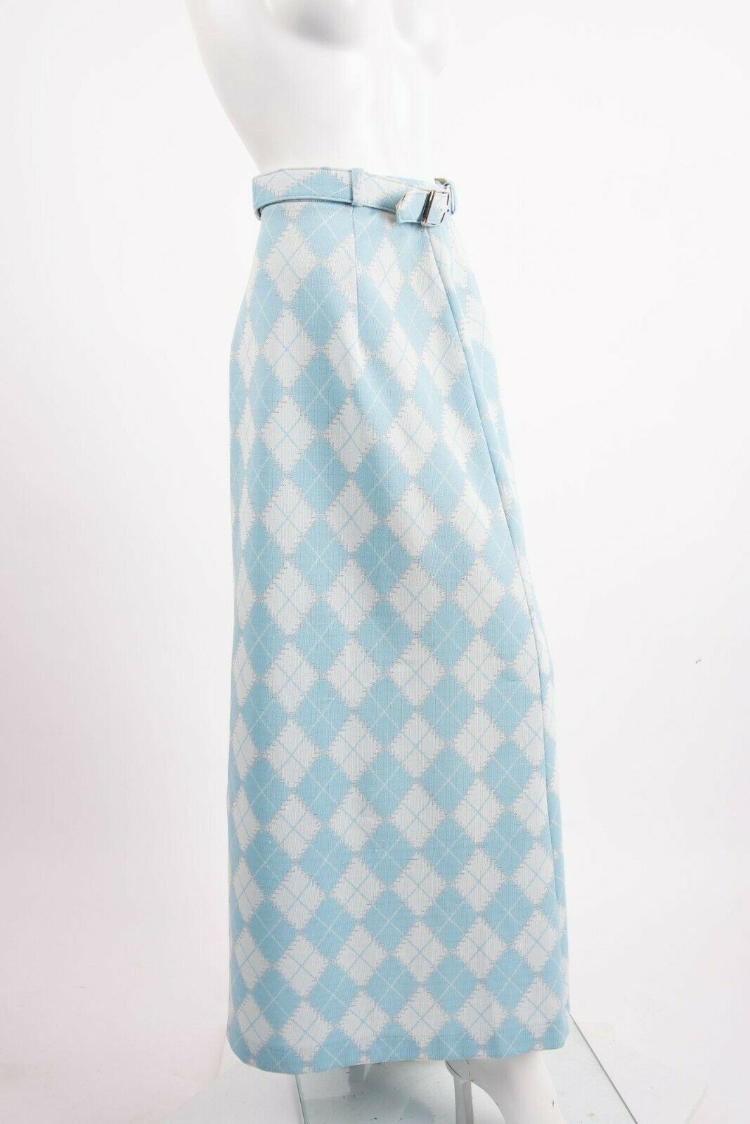 1960s Maxi Argyle Skirt Belted Double Polyester Knit Blue White Silver M L Aline - Fresh Stock Dated February 2026