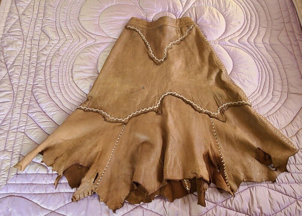 60's 70's LEATHER SKIRT NBL East West musical inspired primitive 20