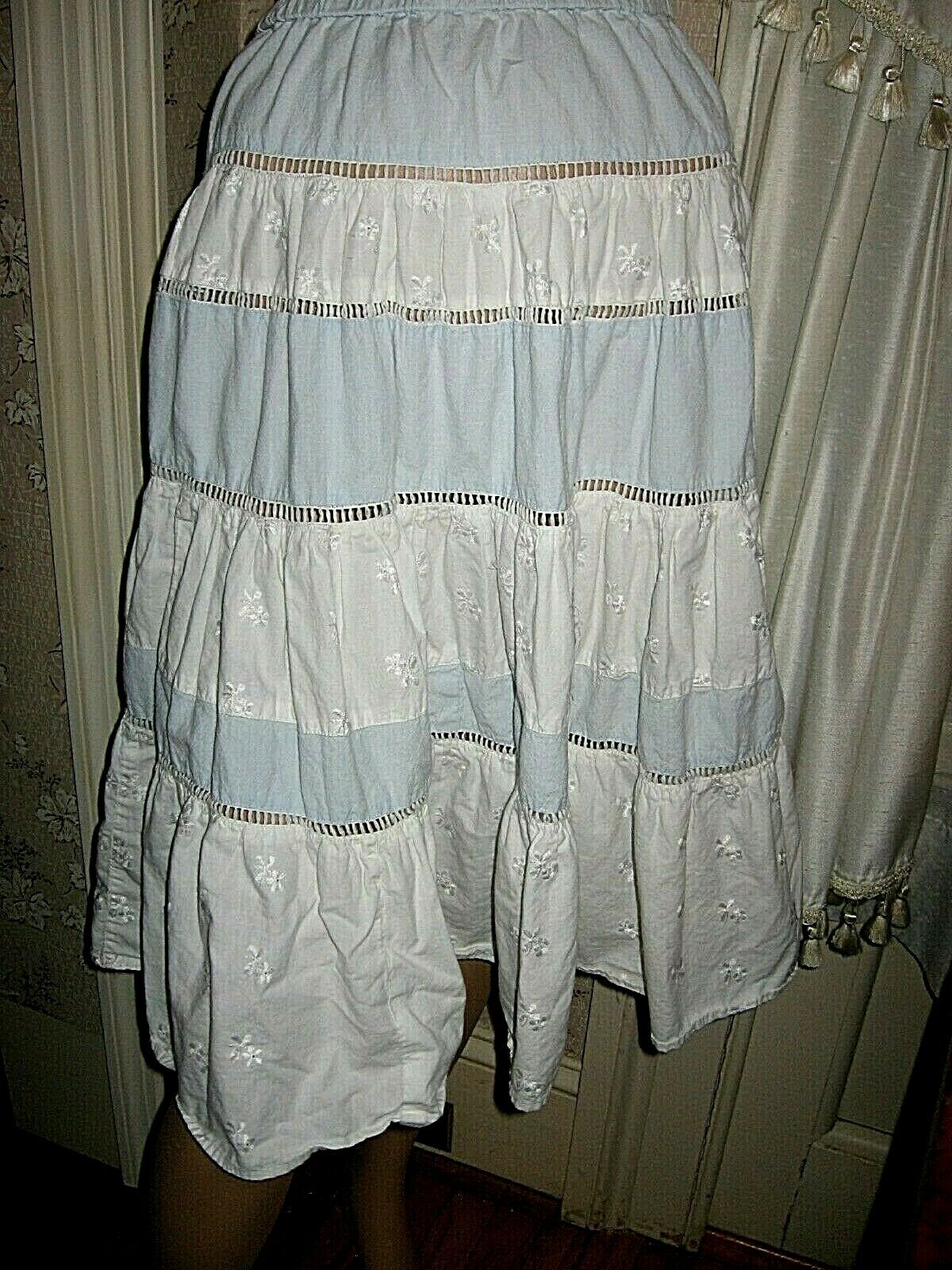 LOVELY VINTAGE BLUE EMBROIDERED WHITE STRIPE SKIRT - Fresh Stock Dated February 2026