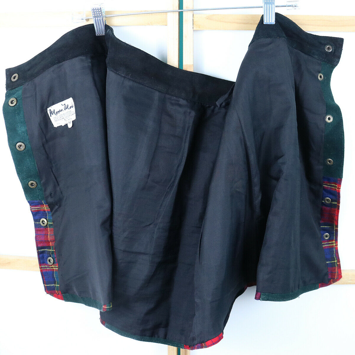 Mona Mode Vintage Women Tartan Plaid Suede Leather Patchwork Mini Skirt, Size M - Fresh Stock Dated February 2026