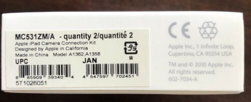 APPLE IPAD CAMERA CONNECTION KIT & CABLE MC531ZM/A Model A1362 A1358 New GENUINE - Fresh Stock Dated February 2026