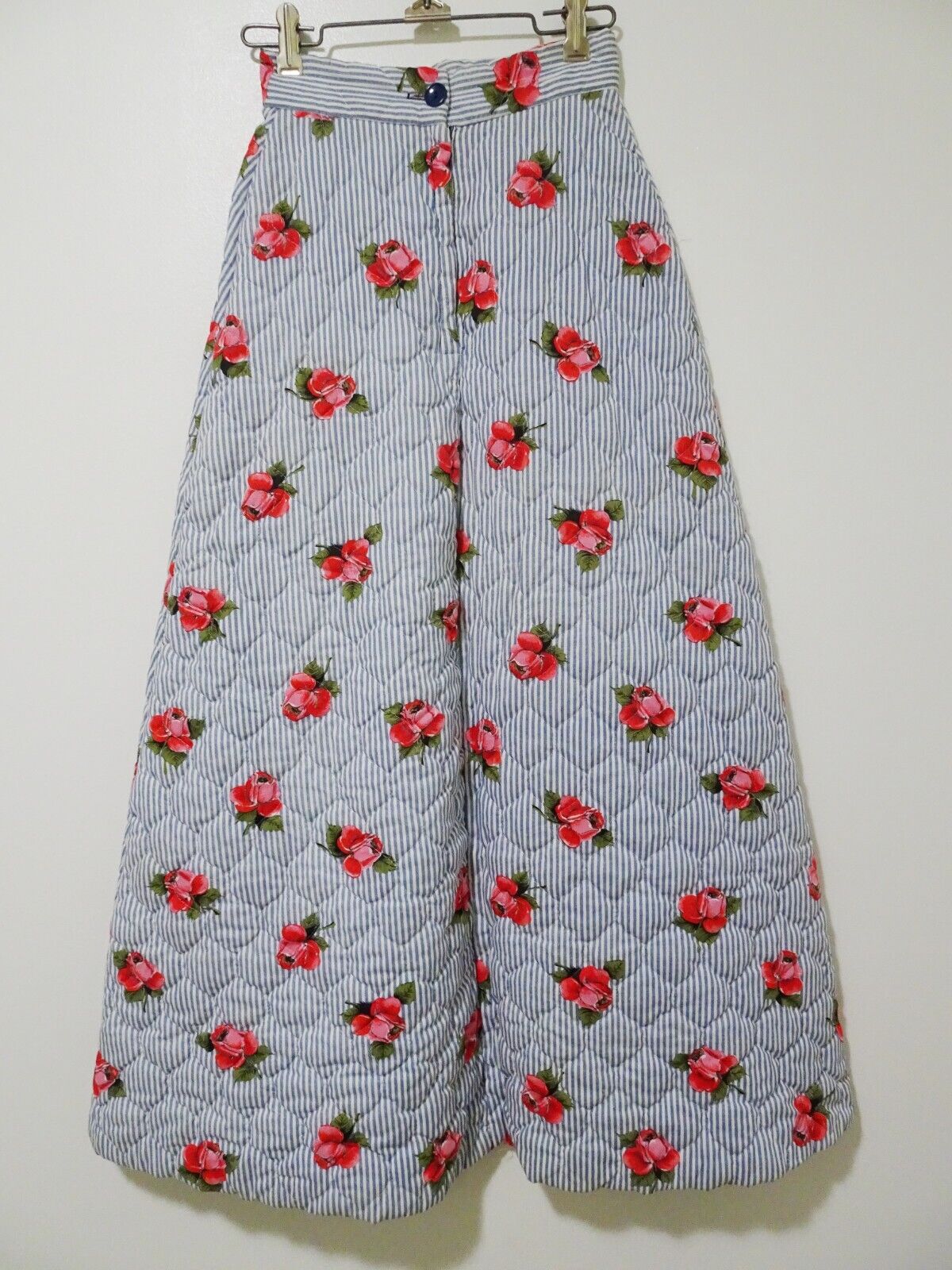 NOS Vtg 60s 70s Sunny Lee Rose Stripe Print Quilted Hippy Boho Maxi Skirt 23