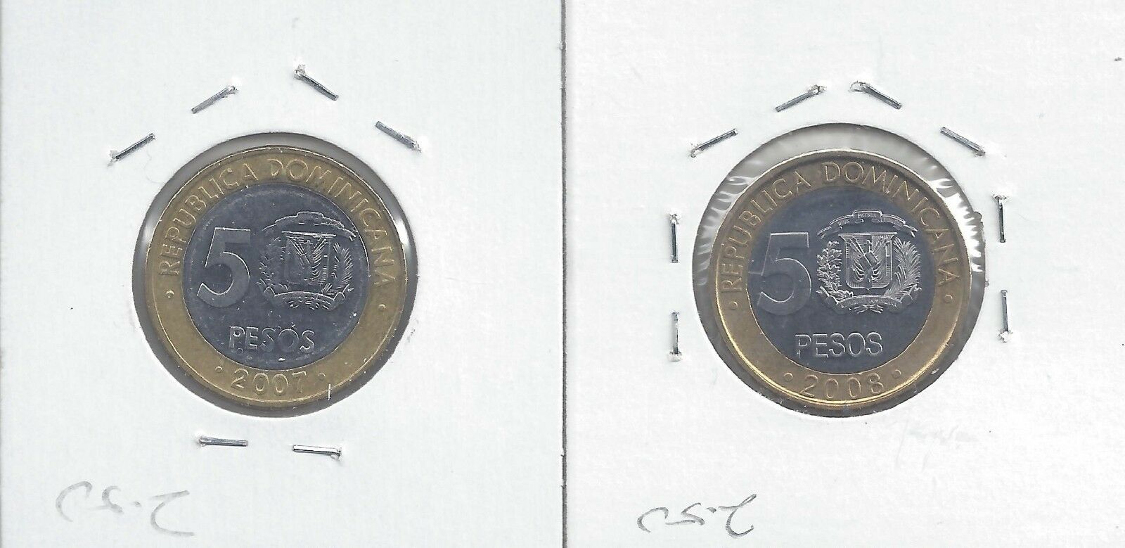 From Show Inv. - 2 BI-METAL 5 PESO COINS..the DOMINICAN REPUBLIC..2007 & 2008 - Fresh Stock Dated February 2026