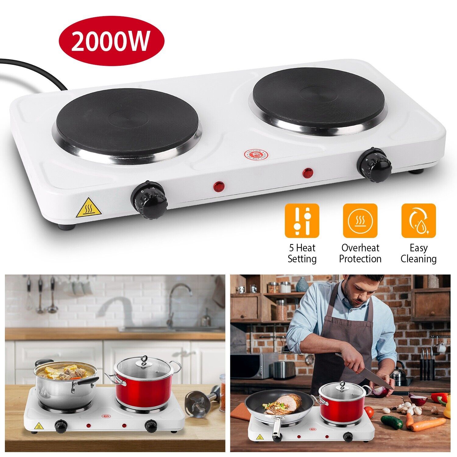 2000W Electric Hot Plate Double Countertop Burner for Cooking 5Temperature Level - Fresh Stock Dated February 2026