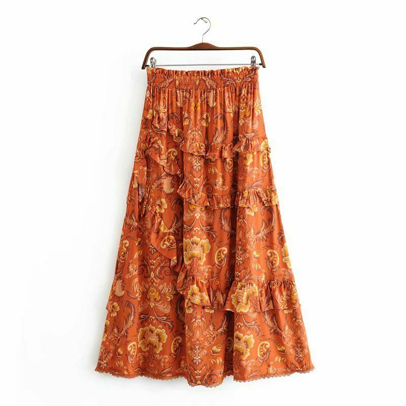 Women Ruffles Skirt Vintage Hippie Beach Bohemian Floral High Elastic Waist Maxi - Fresh Stock Dated February 2026