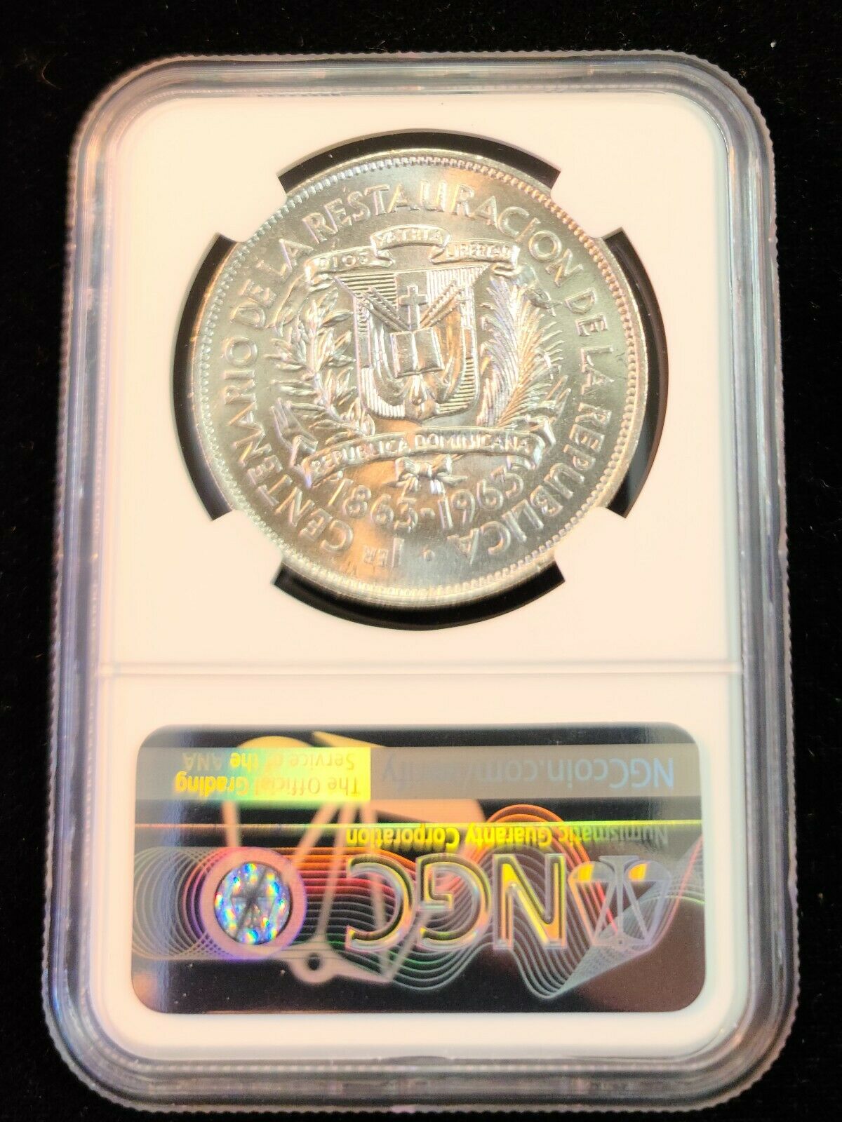 1963 DOMINICAN REPUBLIC SILVER 1 PESO REPUBLIC RESTORATION NGC MS 64 FROSTY BU - Fresh Stock Dated December 2025