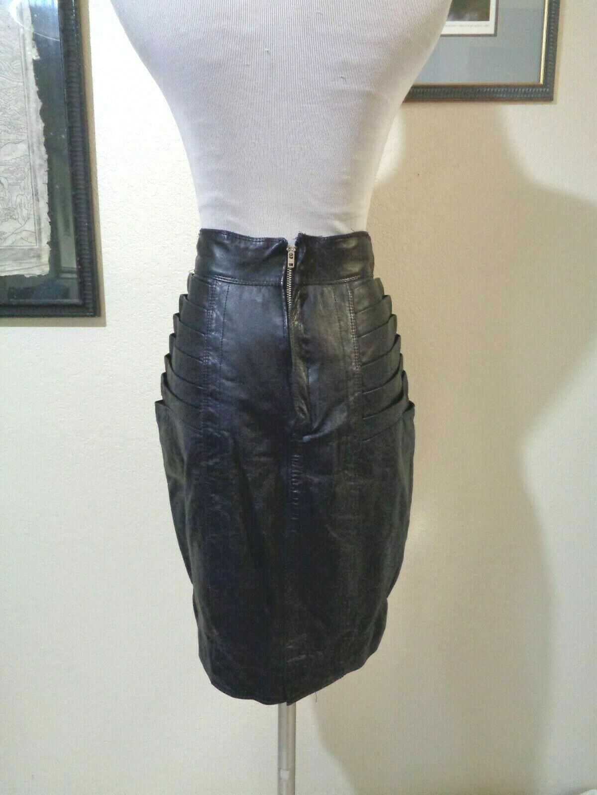 VINTAGE GIANNI VERSACE BLACK LEATHER PLEATED POCKET DETAIL STRAIGHT SKIRT S - Fresh Stock Dated December 2025