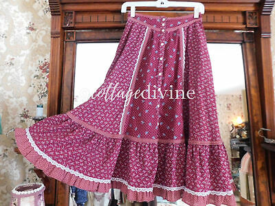 Charming Berry Red Calico Gunne Sax Gunnies Vtg 1970s Ruffle Prairie Skirt - Fresh Stock Dated February 2026