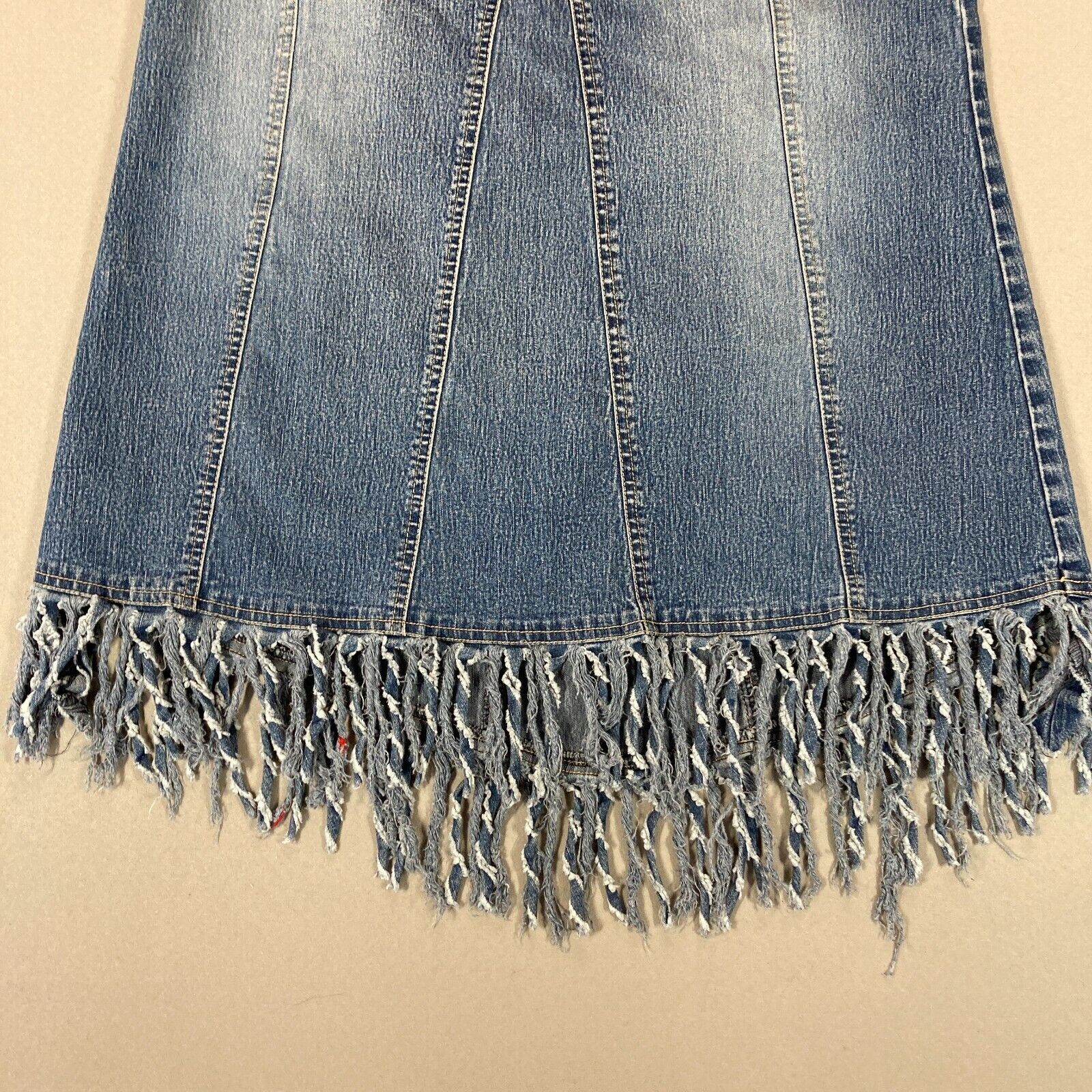 Vintage 90s Y2K Denim Low Rise Fringe Jean Skirt Rave Fairycore Bratz Size 3/4 - Fresh Stock Dated March 2026