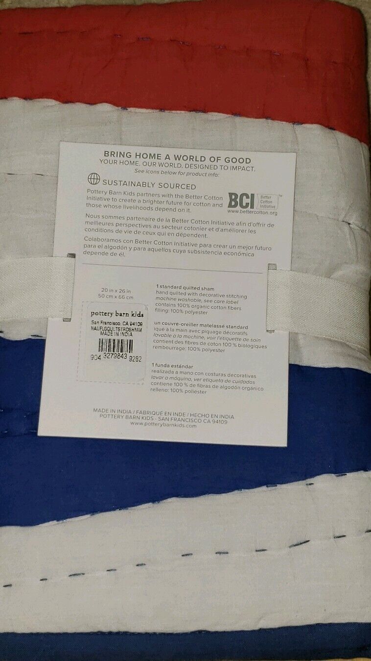 1 Pottery Barn Kids Nautical Flag Quilted Sham Red White Blue - Fresh Stock Dated February 2026