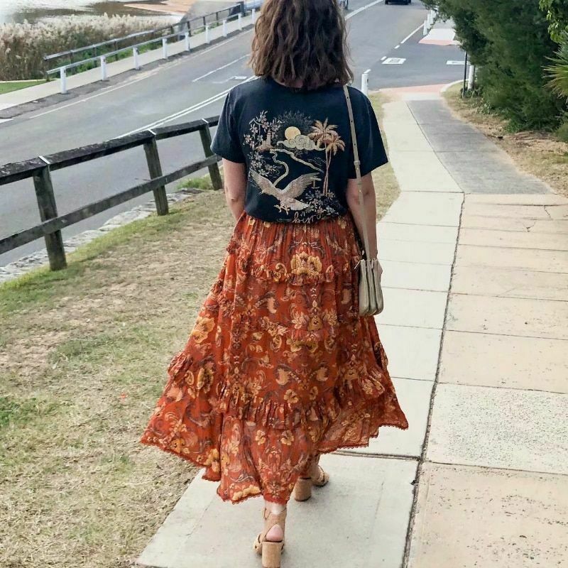 Women Ruffles Skirt Vintage Hippie Beach Bohemian Floral High Elastic Waist Maxi - Fresh Stock Dated February 2026