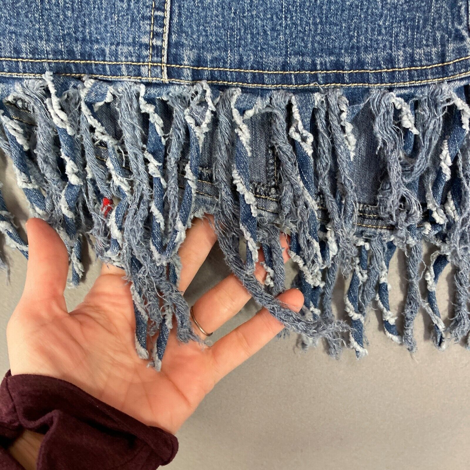Vintage 90s Y2K Denim Low Rise Fringe Jean Skirt Rave Fairycore Bratz Size 3/4 - Fresh Stock Dated March 2026