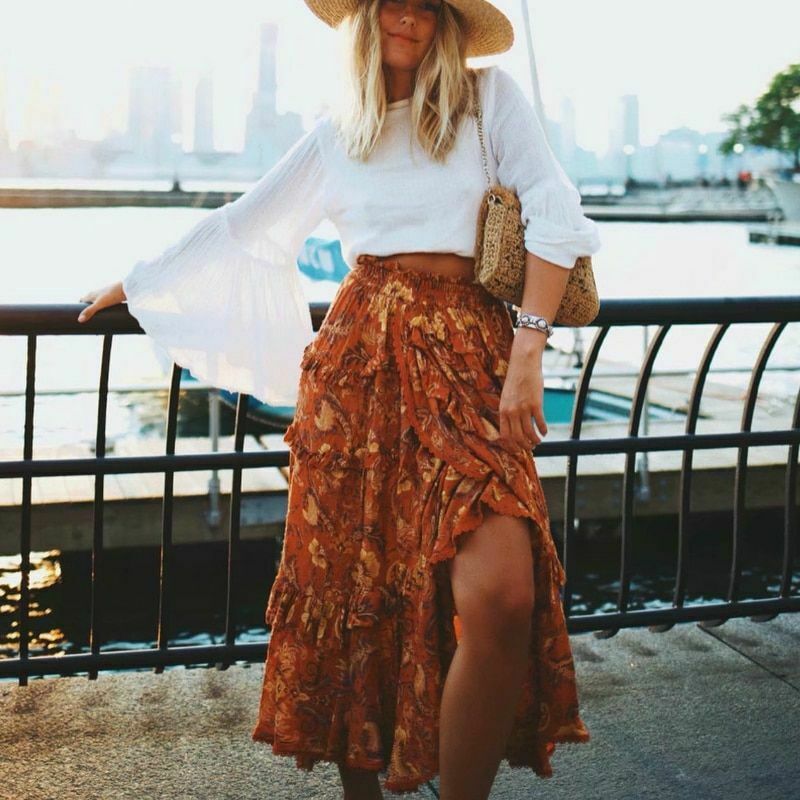 Women Ruffles Skirt Vintage Hippie Beach Bohemian Floral High Elastic Waist Maxi - Fresh Stock Dated February 2026