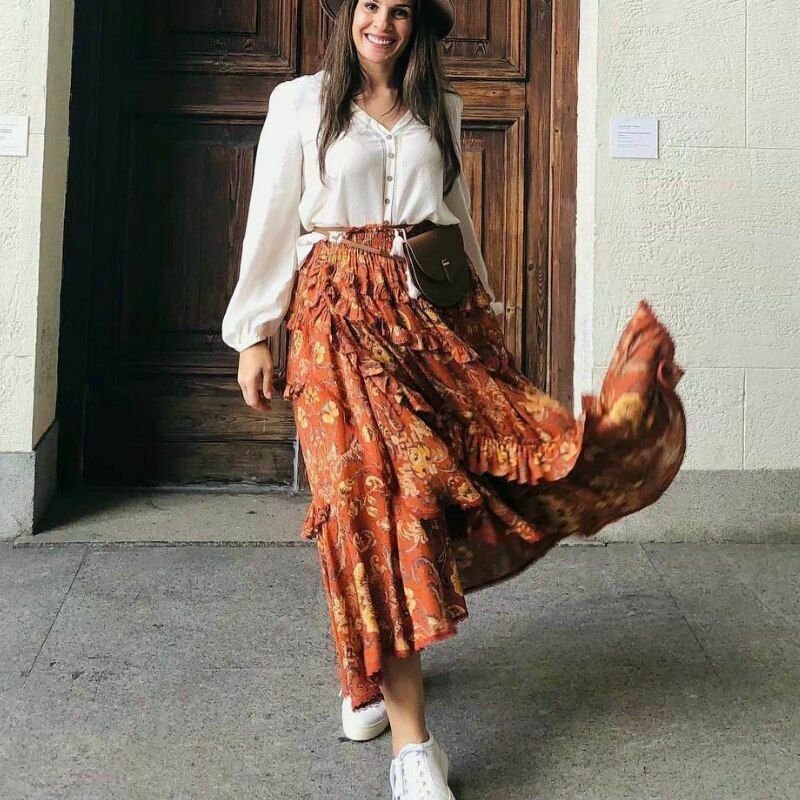 Women Ruffles Skirt Vintage Hippie Beach Bohemian Floral High Elastic Waist Maxi - Fresh Stock Dated February 2026