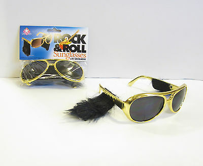 20 PAIR OF GOLD ROCK & ROLL SUN GLASSES WITH SIDEBURNS ELVIS SUNGLASSES COSTUME - Fresh Stock Dated December 2025