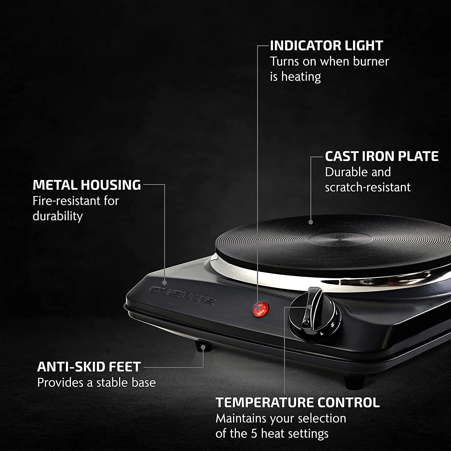 Ovente Electric Cast Iron Burner 7 Inch Single Hot Plate Compact Cooktop BGS101B - Fresh Stock Dated February 2026