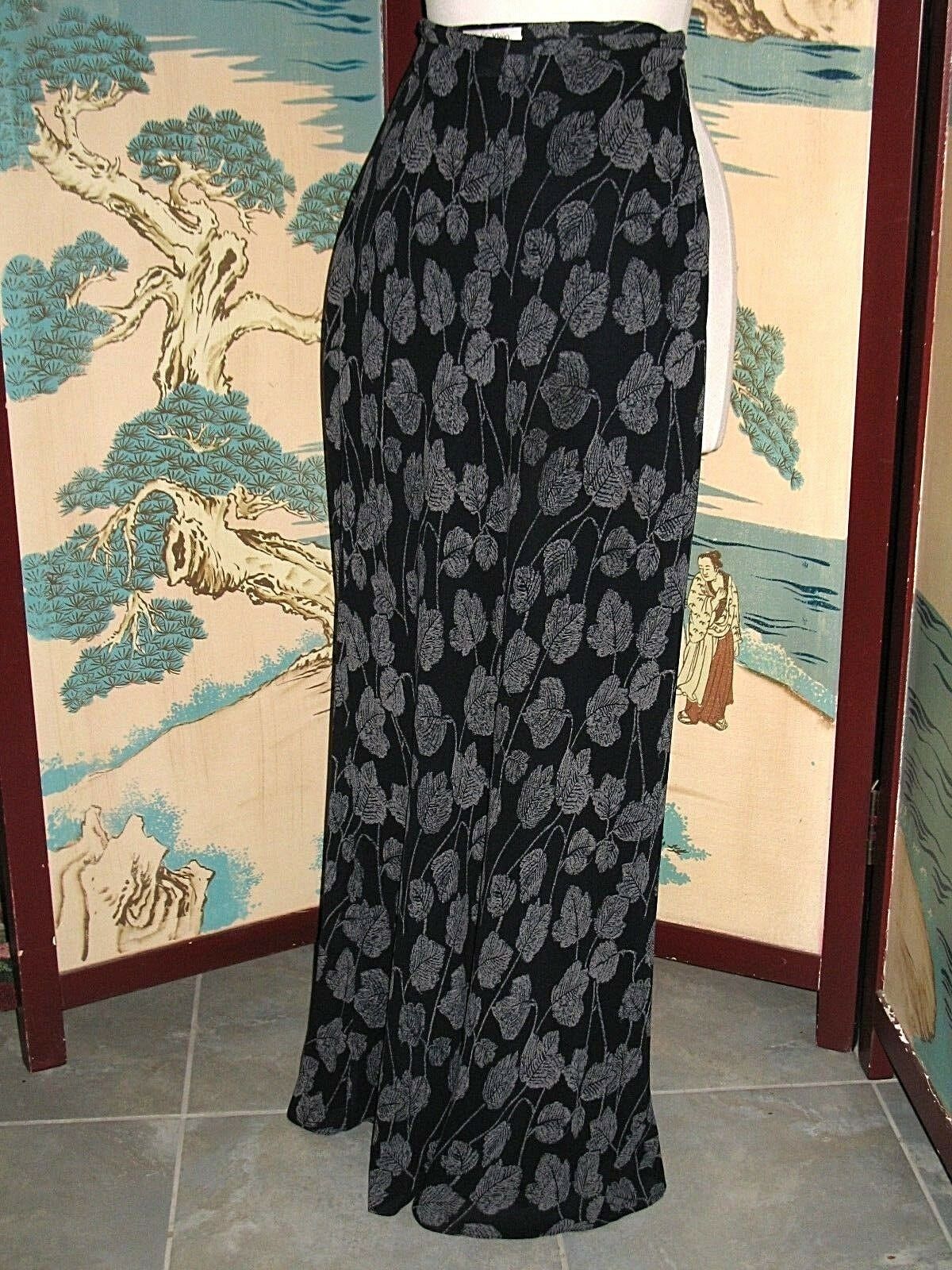 90'S CALVIN KLEIN COLLECTION BIAS LEAF PRINT SILK CREPE CHIFFON MAXI SKIRT USA 4 - Fresh Stock Dated February 2026