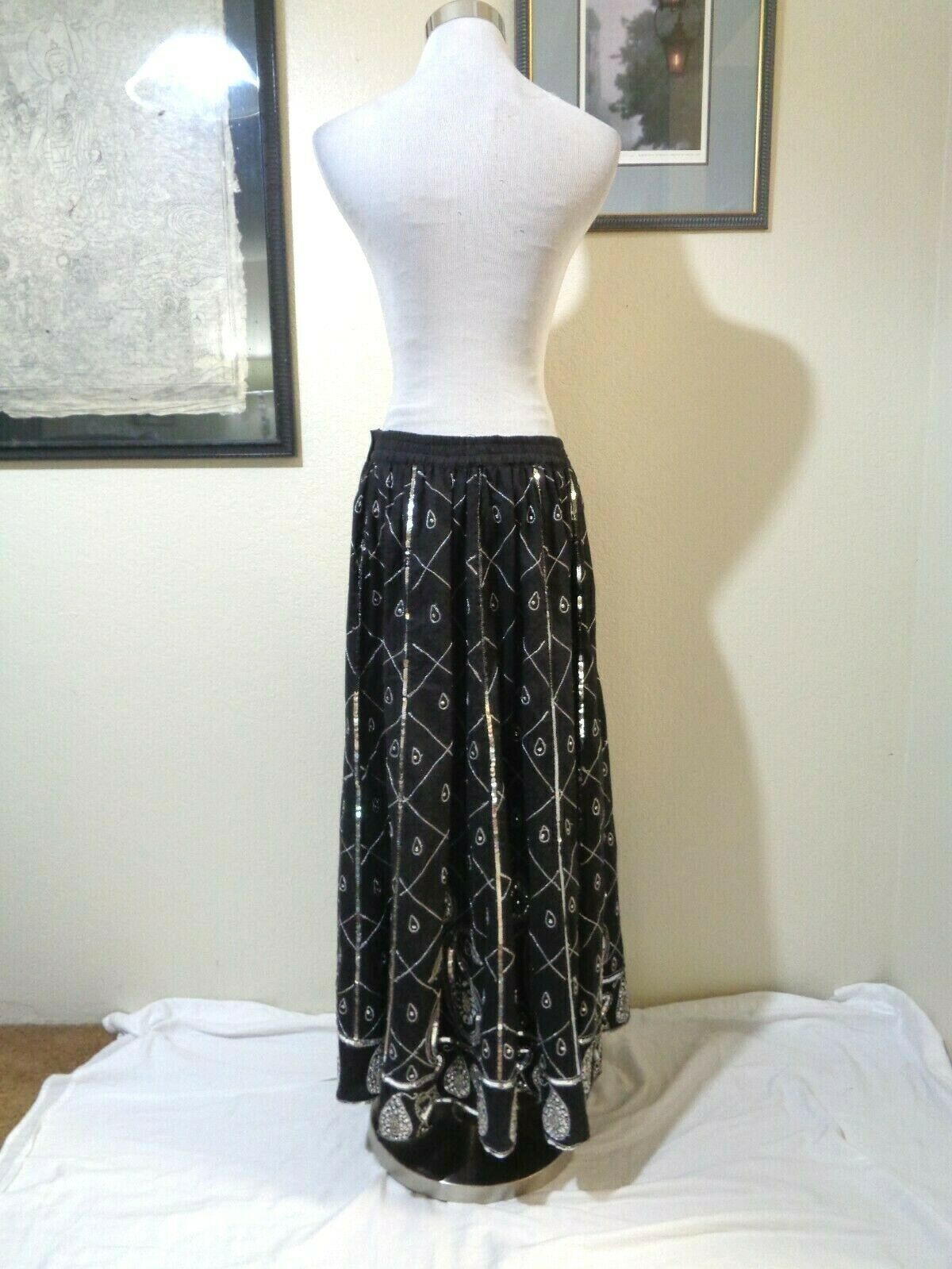90s LEW MAGRAM BLACK COTTON SILVER METALLIC & SEQUIN/BEAD PAISLEY FULL SKIRT - Fresh Stock Dated February 2026