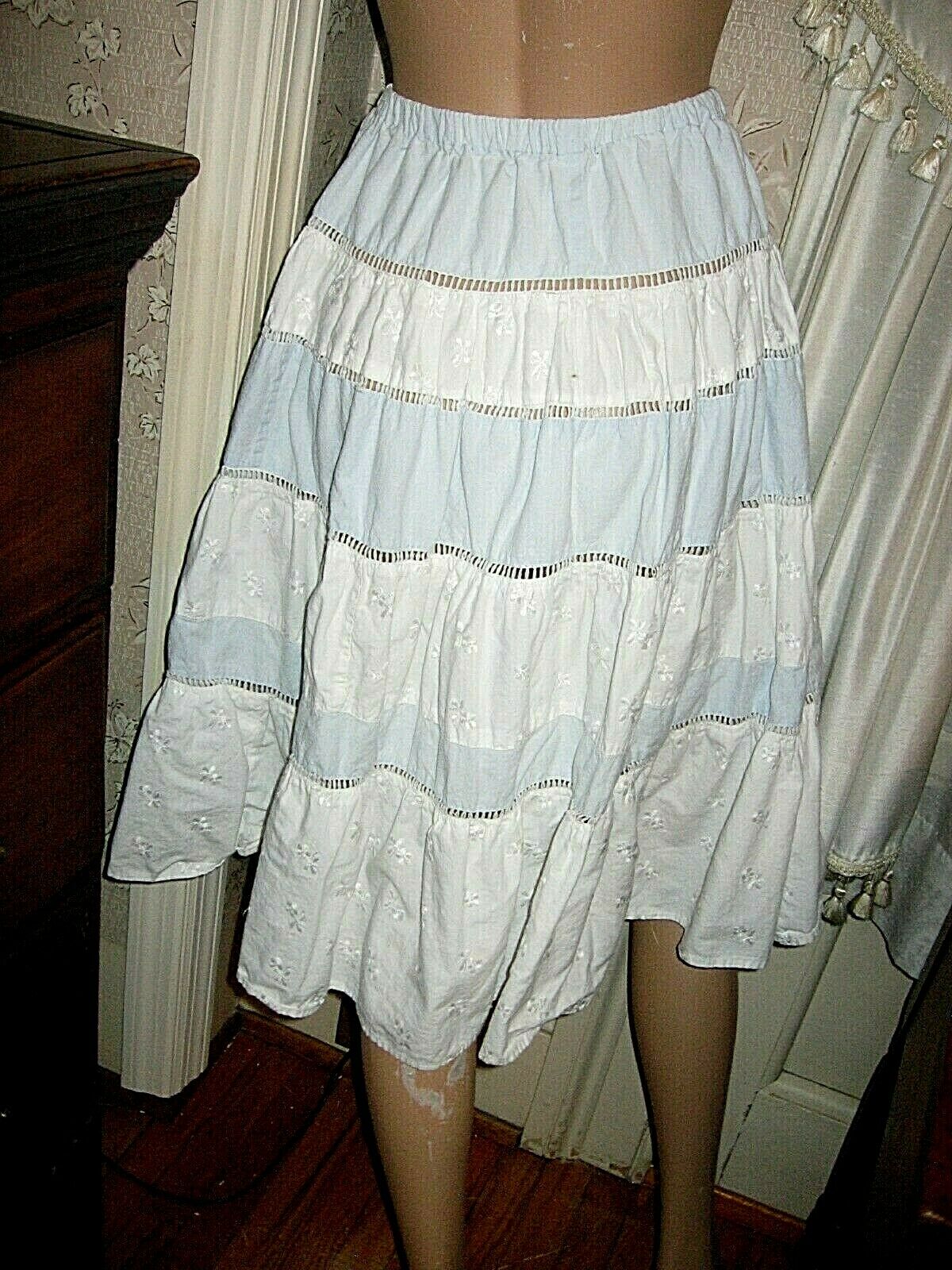 LOVELY VINTAGE BLUE EMBROIDERED WHITE STRIPE SKIRT - Fresh Stock Dated February 2026