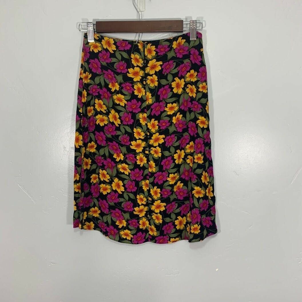 Vintage 90's Pink Yellow Floral High-Waisted Midi Skirt Women's XS - Fresh Stock Dated February 2026