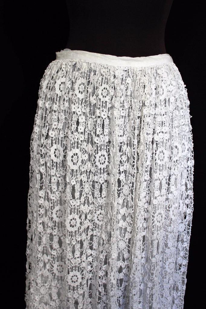 RARE ANTIQUE FRENCH LONG EDWARDIAN WHITE COTTON LACE PETTICOAT SKIRT 27