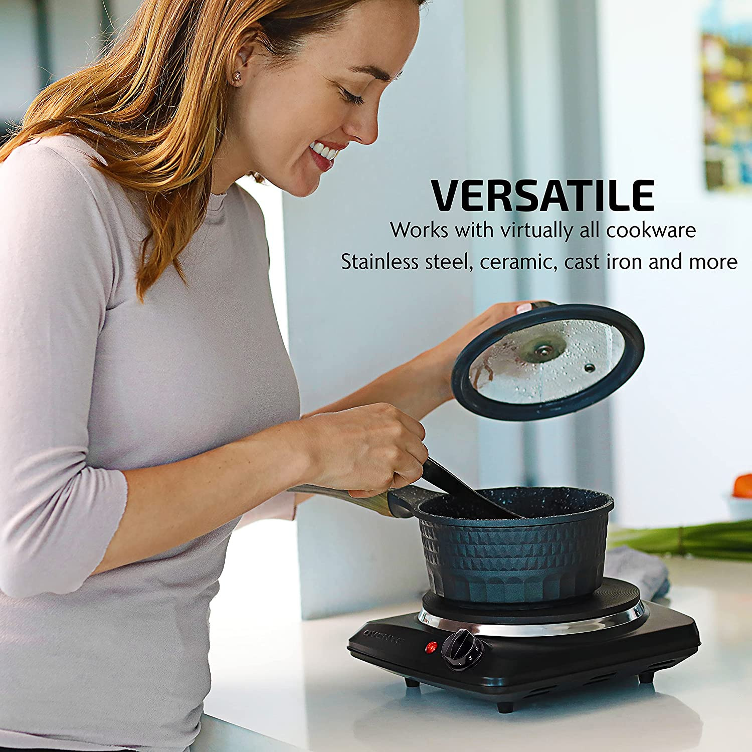 Ovente Electric Cast Iron Burner 7 Inch Single Hot Plate Compact Cooktop BGS101B - Fresh Stock Dated February 2026