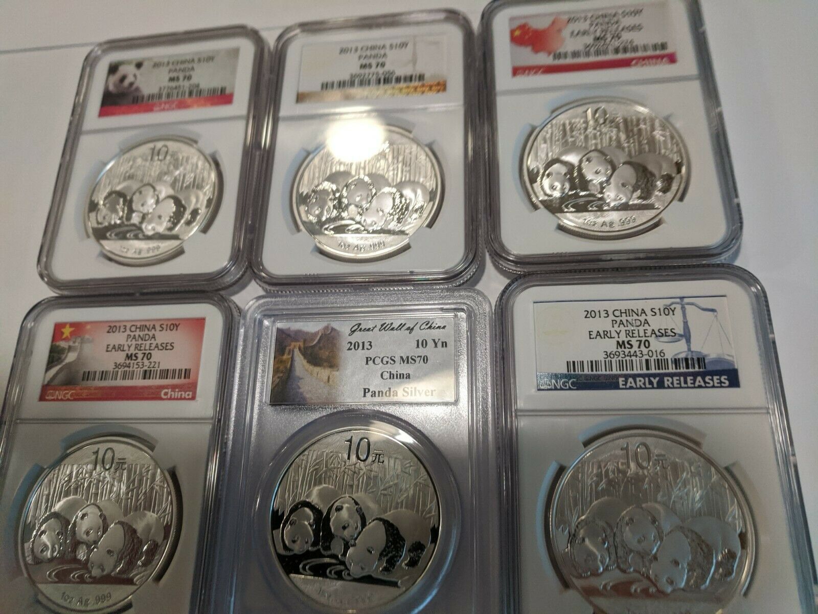 2013 - (20) 1 oz. Silver Coins  China Panda Set  Cert. MS70  All Six Variations. - Fresh Stock Dated February 2026