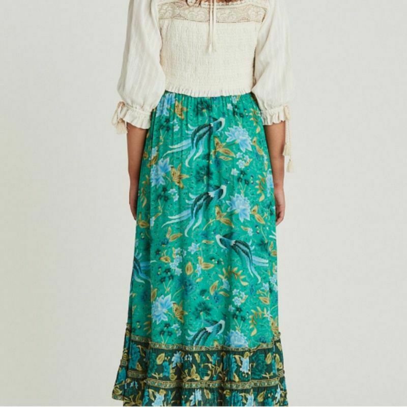 Women Vintage Skirt Hippie Green Floral Bohemian Pleated High Elastic Waist Maxi - Fresh Stock Dated December 2025