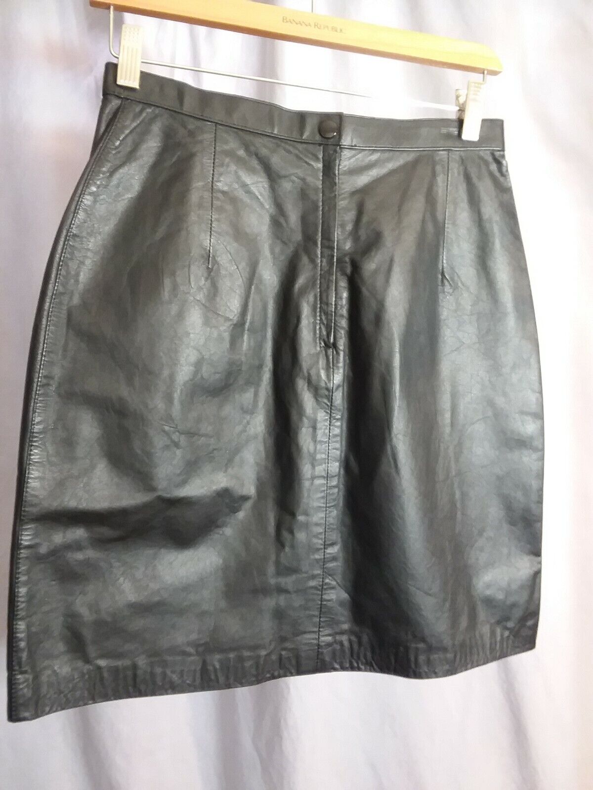 Vtg 80s Adler Black Leather Mini Skirt 26