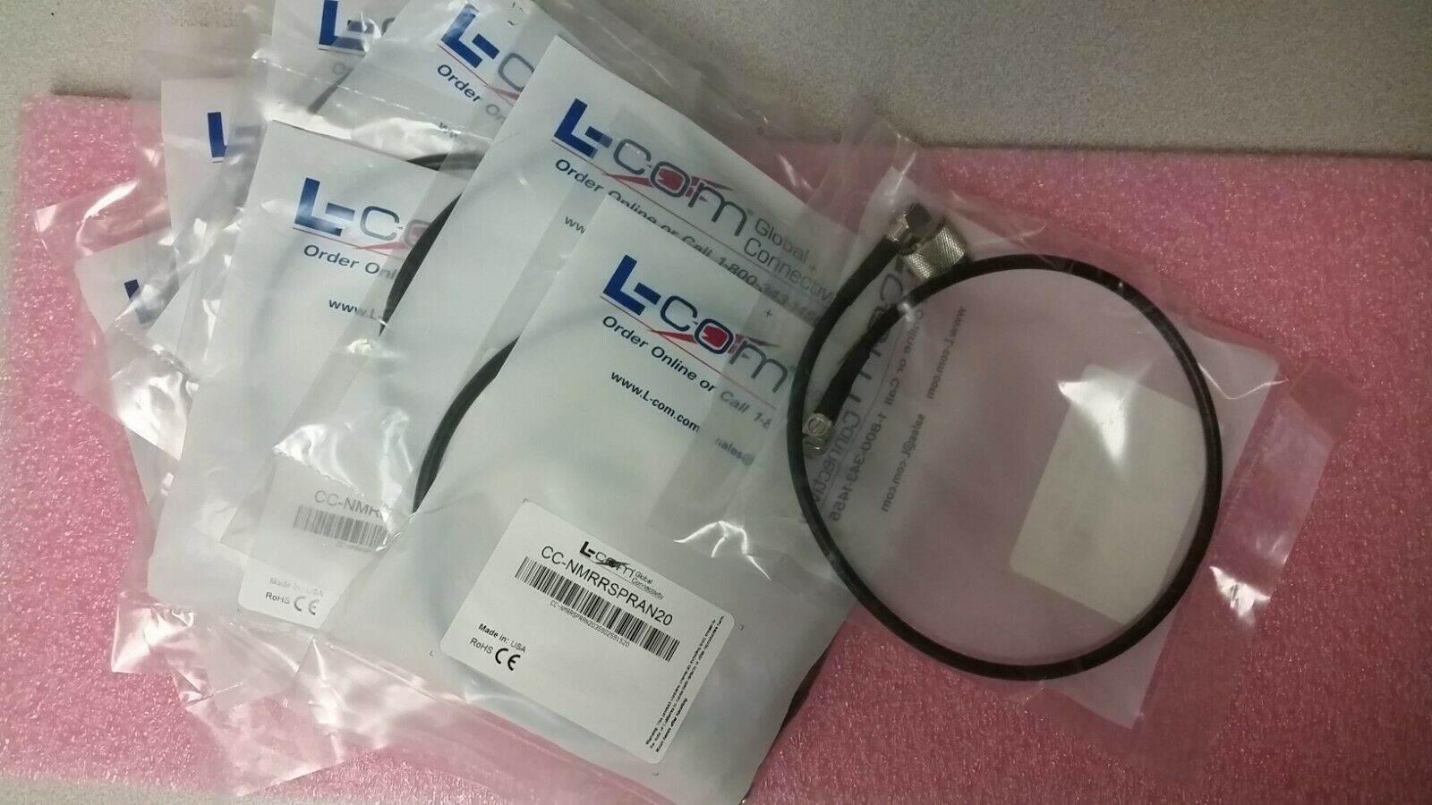 L-Com Coax patch cable: R/A Type-N Male to R/A RP-SMA;  20 in - Fresh Stock Dated December 2025