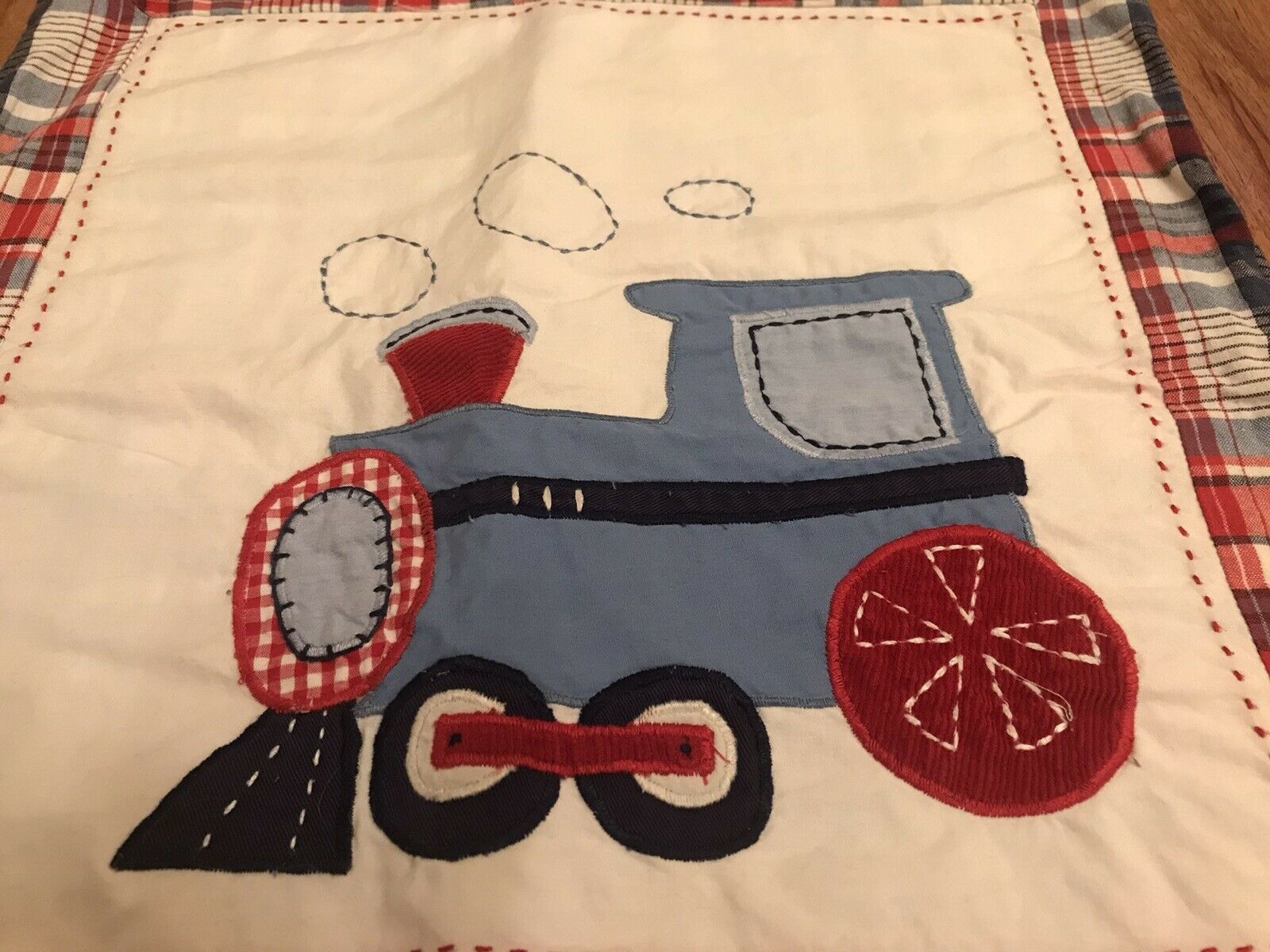 Pottery Barn Kids Train Square Throw Pillow Sham Red Blue White Plaid 16x16” - Fresh Stock Dated February 2026