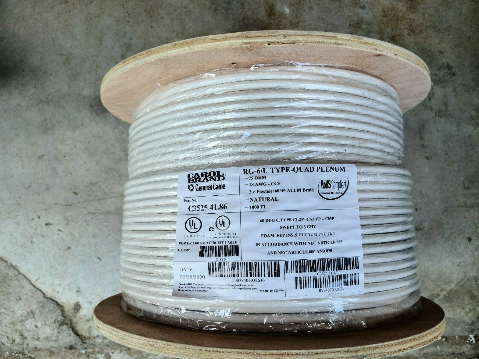 General Carol C3521.41.86 1000 ft. Coaxial Cable RG6U 18 AWG-CCS Plenum 75 OHM - Fresh Stock Dated December 2025