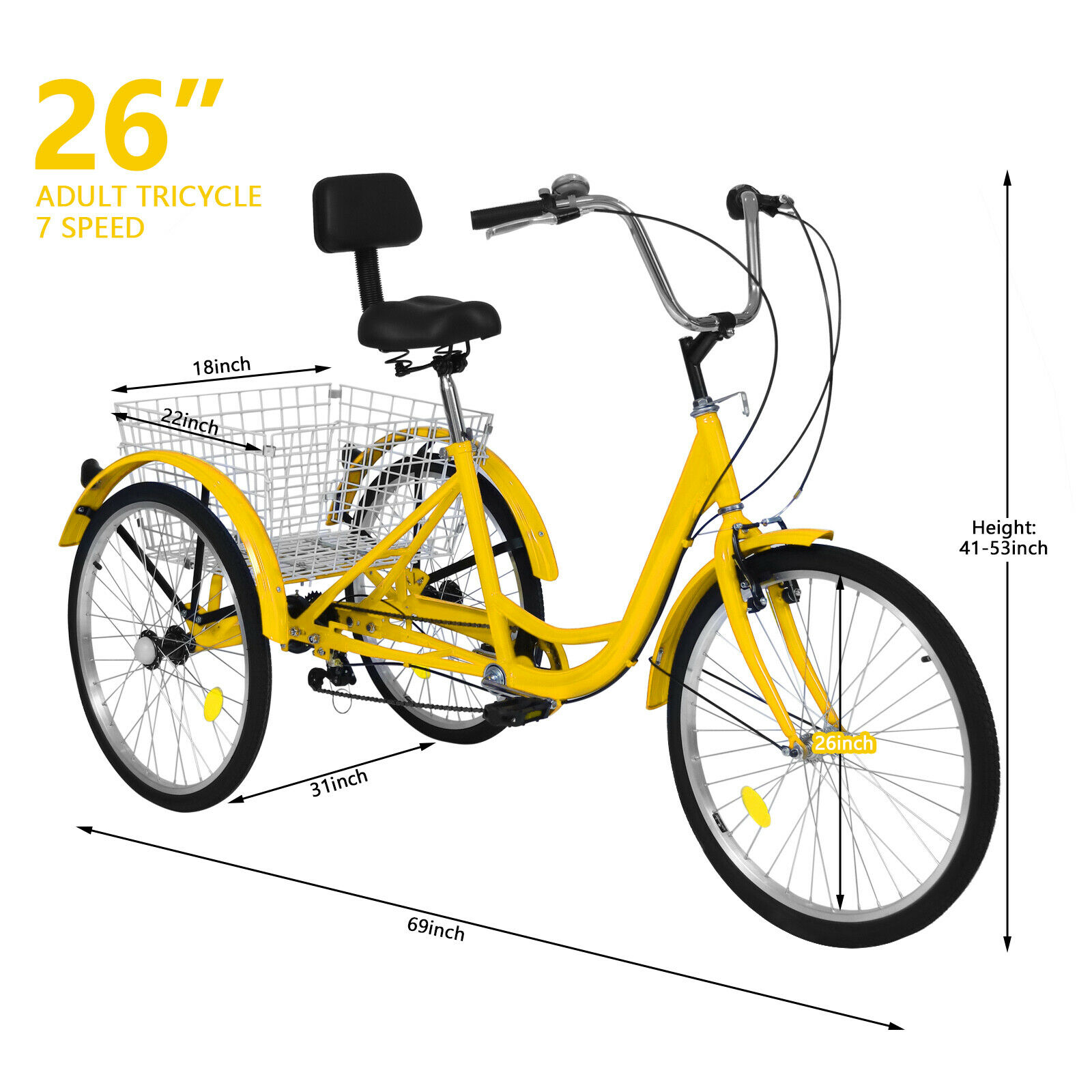 20/24/26inch Adult Tricycle 7 Speed 3-Wheel Adult Bicycle Trike w/Basket & Tools - Fresh Stock Dated December 2025