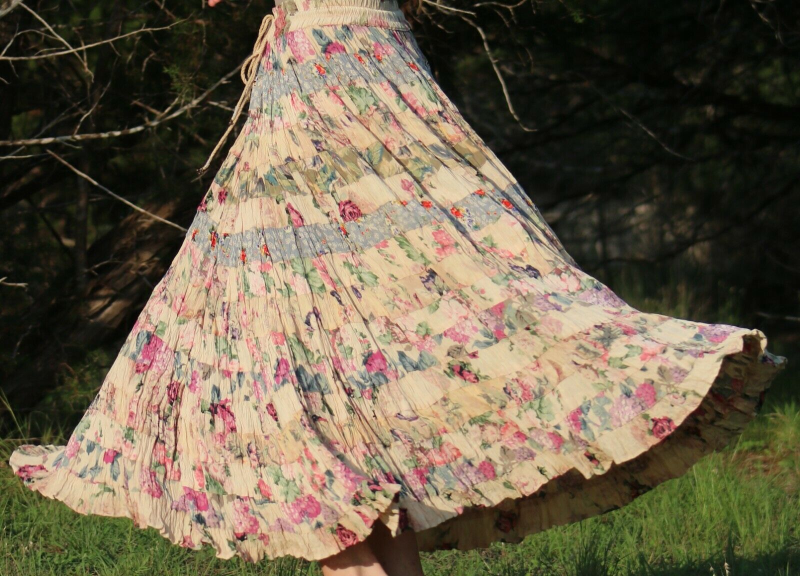 Vintage Cottage Core Floral Patchwork Boho Gypsy Broomstick Skirt~OS - Fresh Stock Dated December 2025