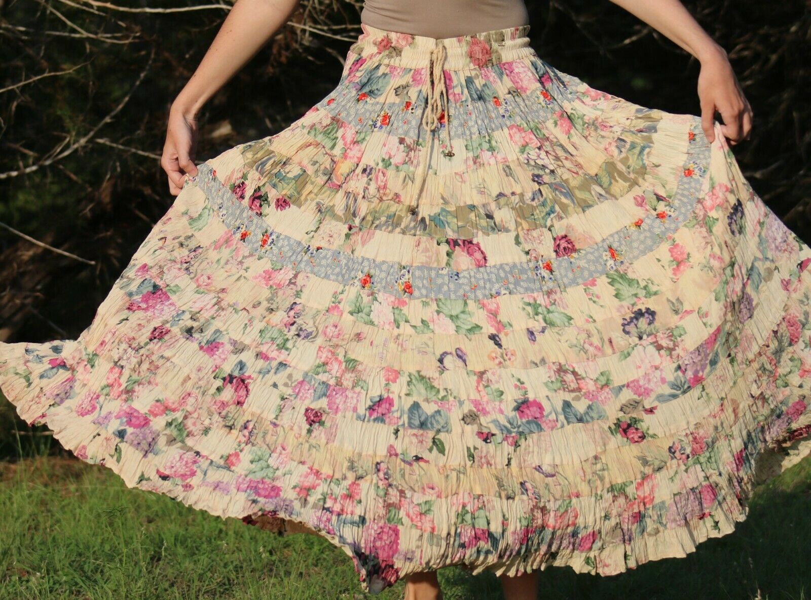 Vintage Cottage Core Floral Patchwork Boho Gypsy Broomstick Skirt~OS - Fresh Stock Dated December 2025