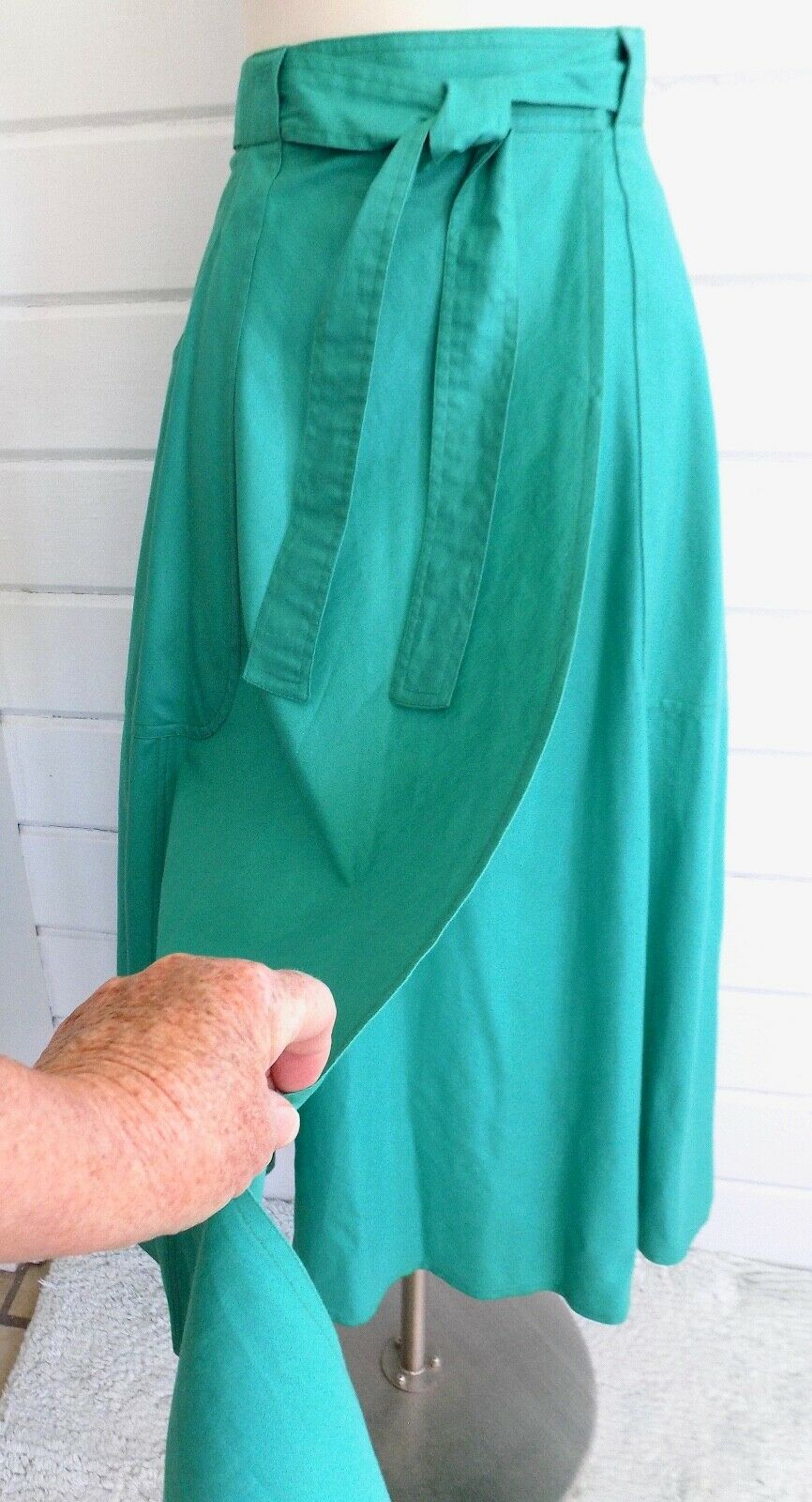 Vtg. CALVIN KLEIN MADE IN USA Turquoise Green Cotton Wrap A-Line Midi Skirt -4 - Fresh Stock Dated February 2026