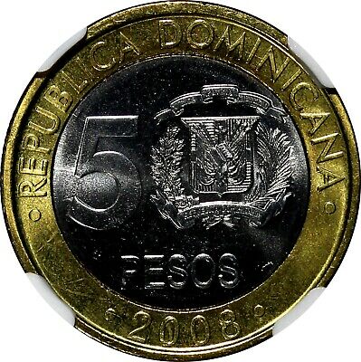 Dominican Republic Sánchez 2008 5 Pesos Magnetic NGC MS66 KM# 89 (010) - Fresh Stock Dated February 2026
