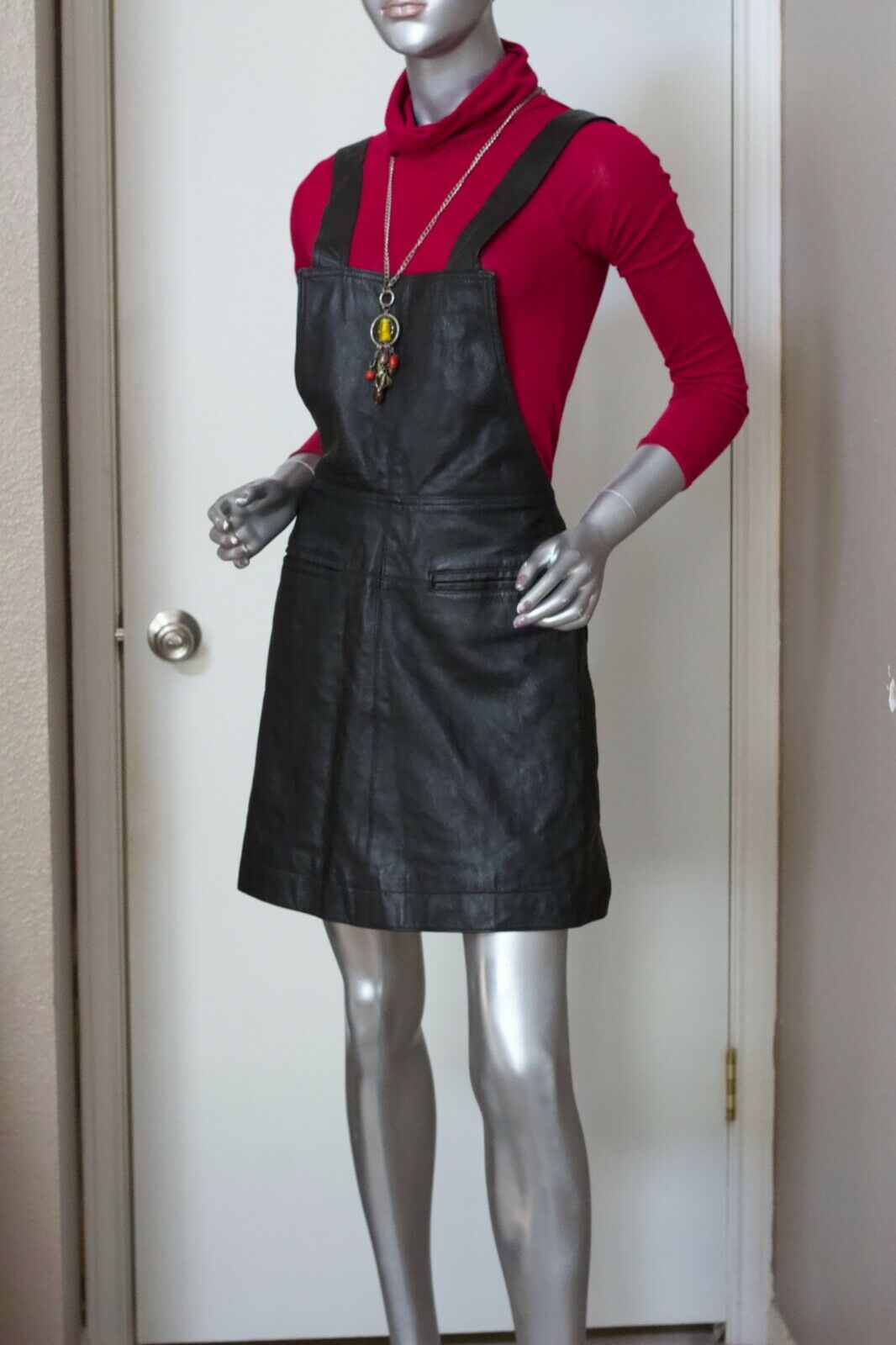 ~Vintage 70s Black Leather Skater Bib Mini Skirt Sz8  Small - Fresh Stock Dated February 2026