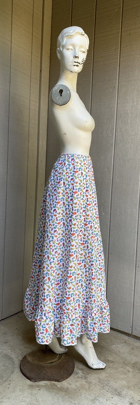 VTG 70’s high waist bird partridge print ruffle hem maxi skirt 24” - Fresh Stock Dated March 2026